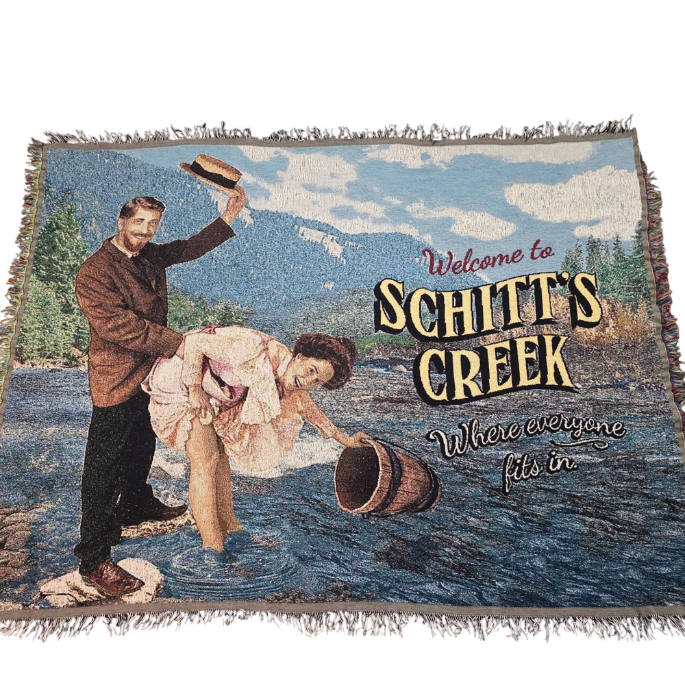 Schitts Creek Woven Tapestry Throw Blanket Welcome Town Sign Fringed 64x48 Decor